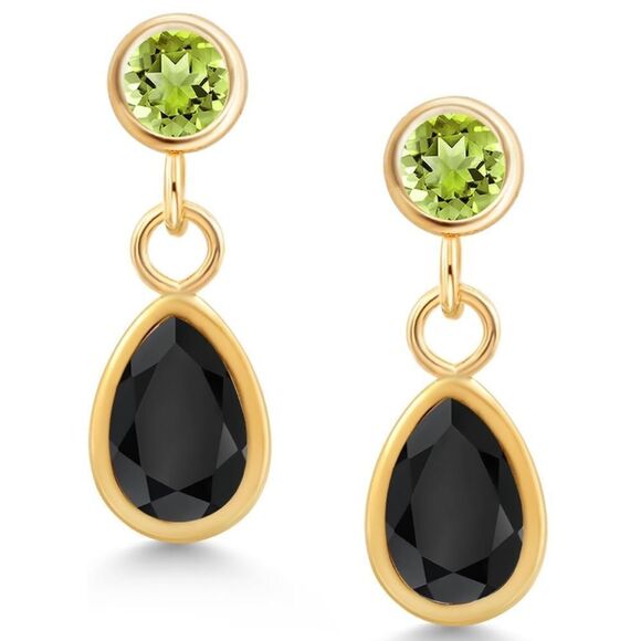 14K Yellow Gold with 1.00 Cttw Black Onyx and Peridot Post Back Drop Earrings
